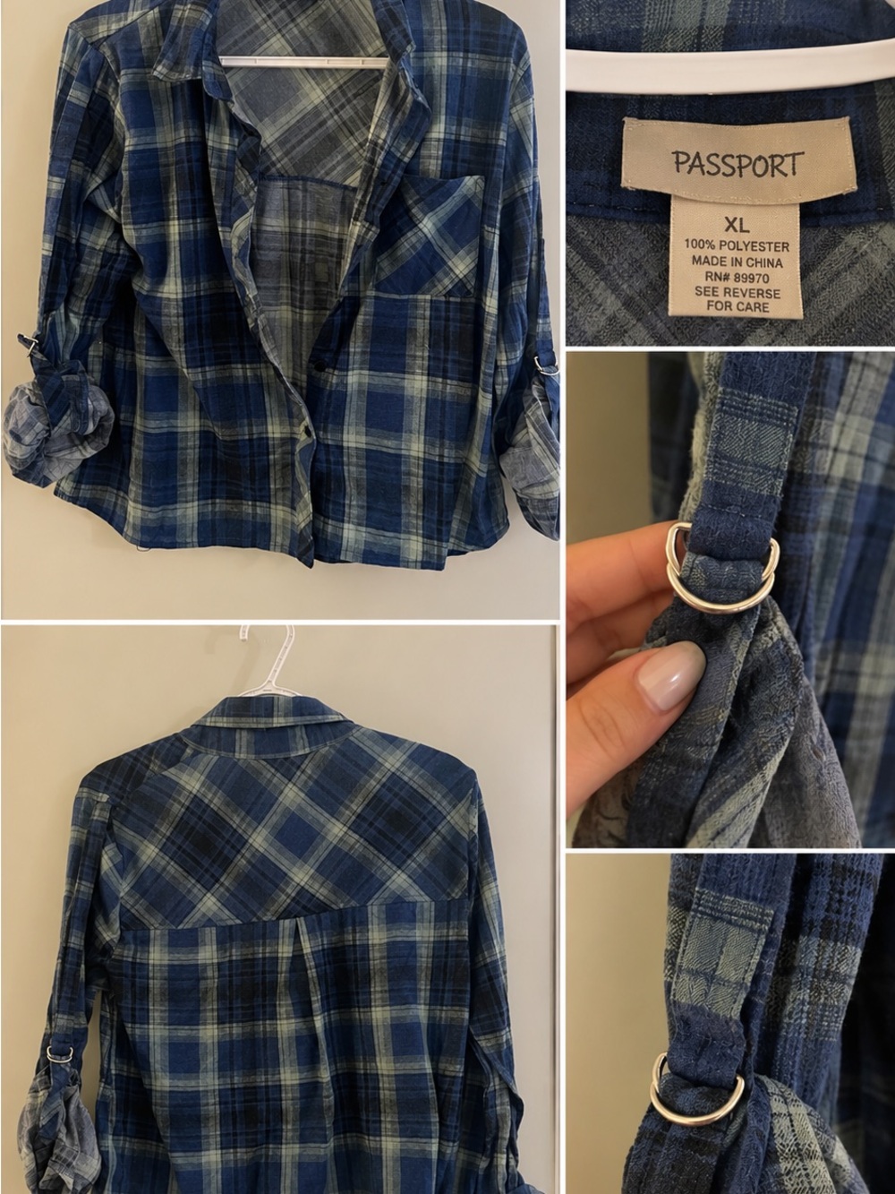 Women Blue Plaid Button-Down Shirt with Rings